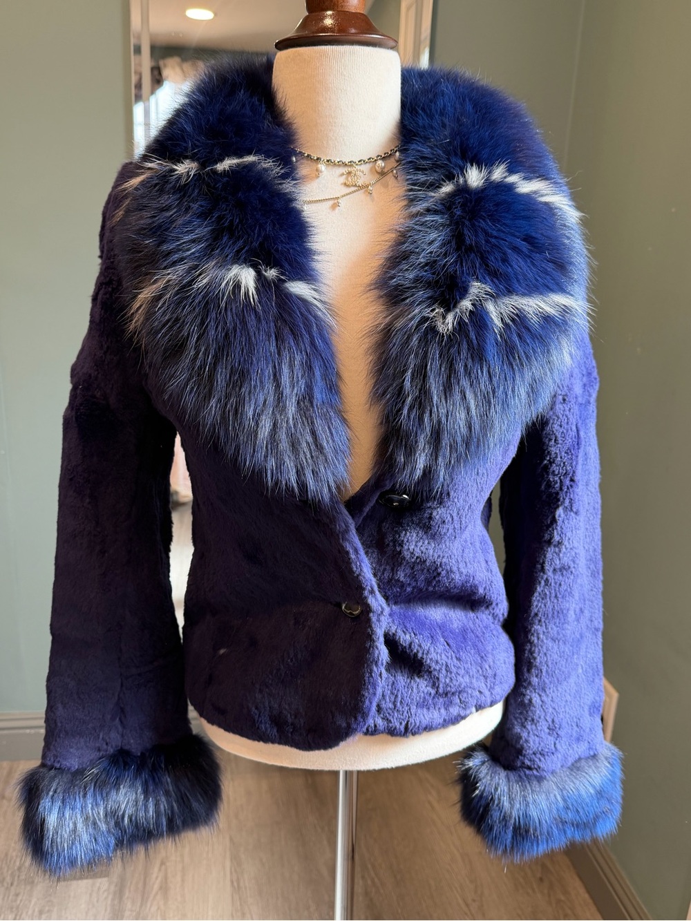 Vintage Blue Fox Fur Trim Rabbit Fur Cropped Jacket XS/S